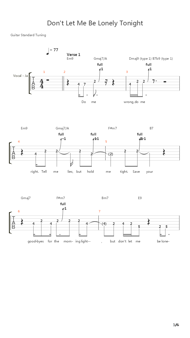 Dont Let Me Be Lonely Tonight吉他谱