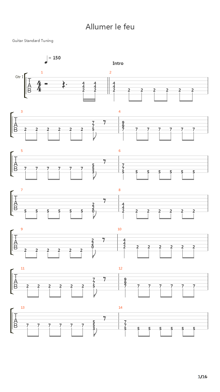 Allumer Le Feu吉他谱