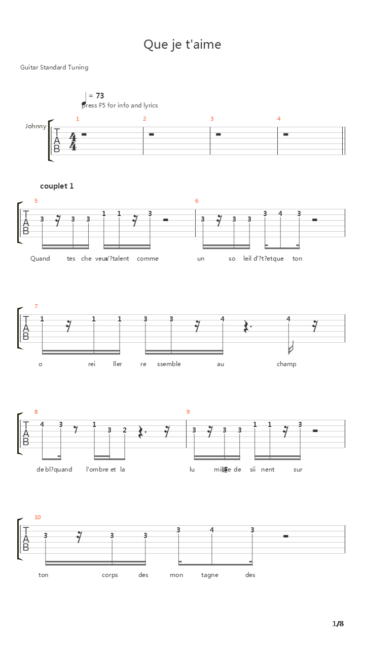 Que Je Taime吉他谱