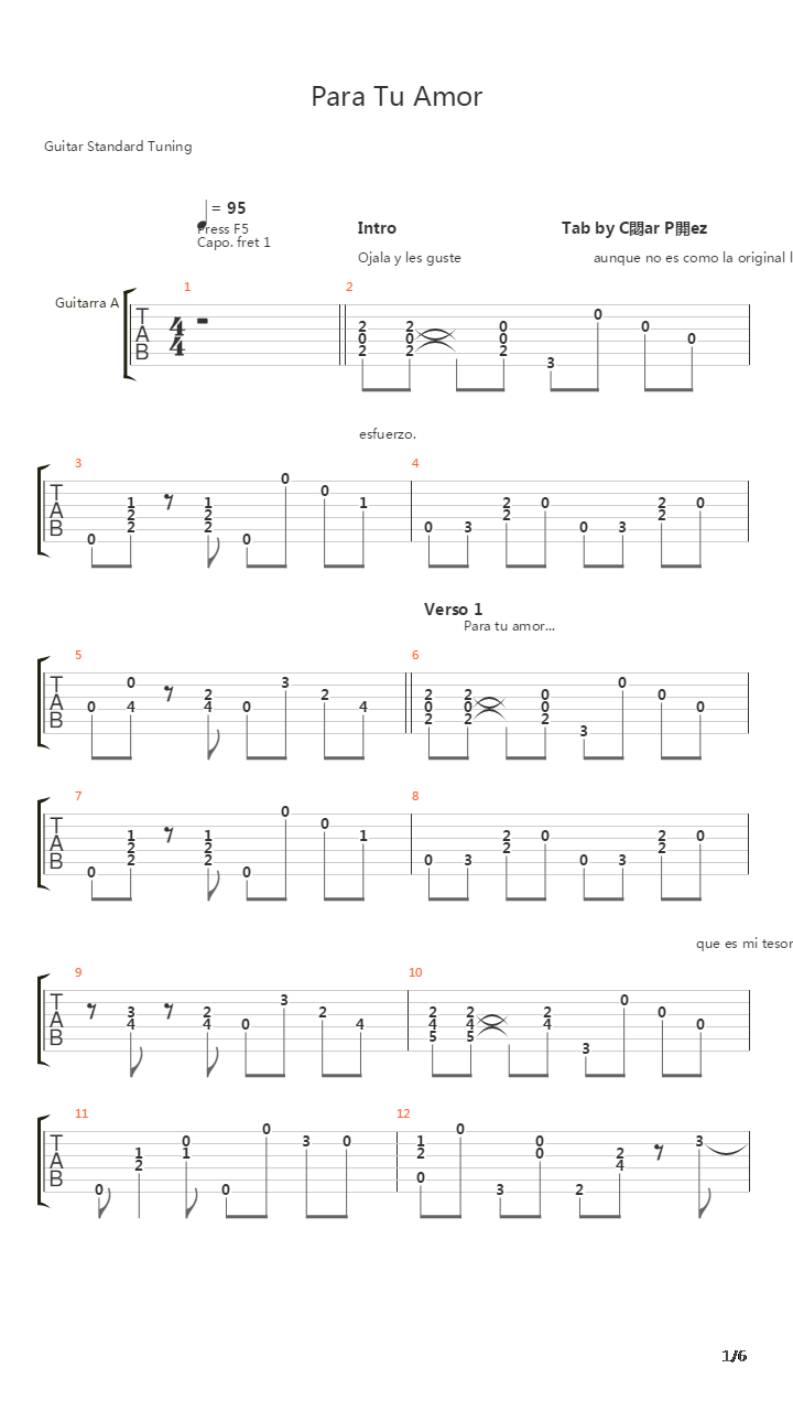 Para Tu Amor吉他谱