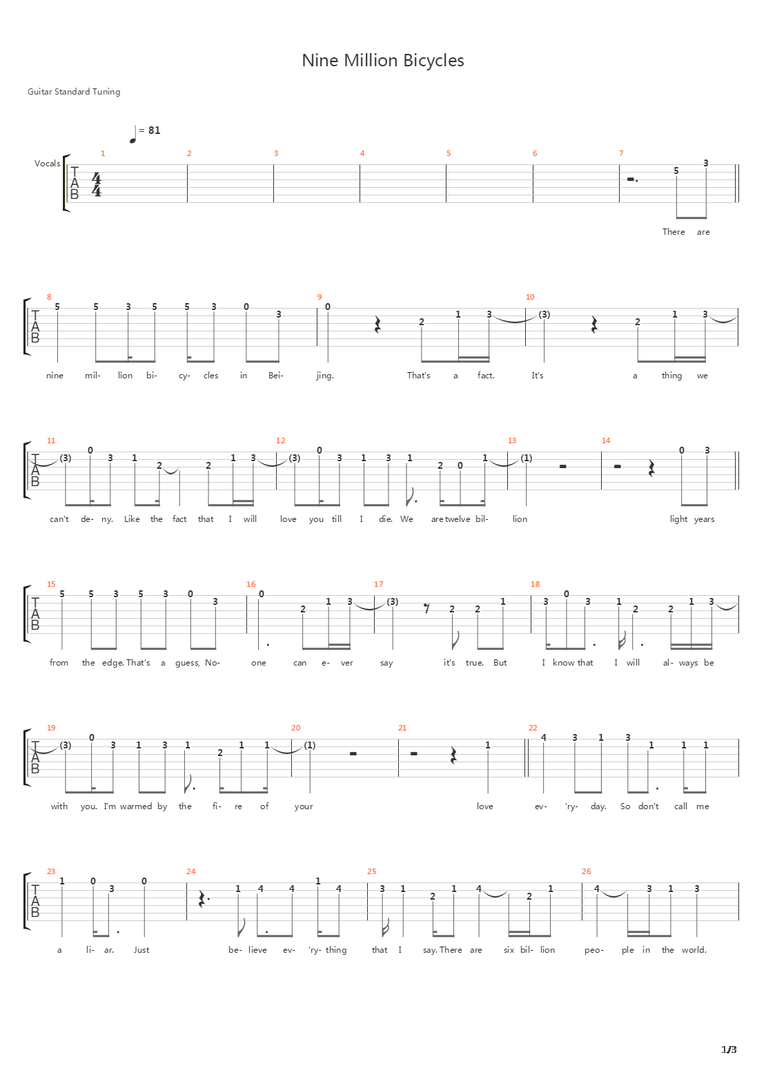 Nine Million Bicycles吉他谱