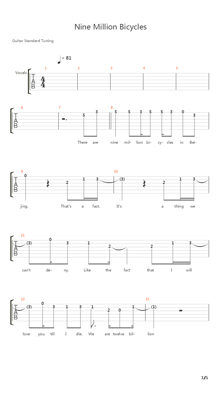 Nine Million Bicycles吉他谱
