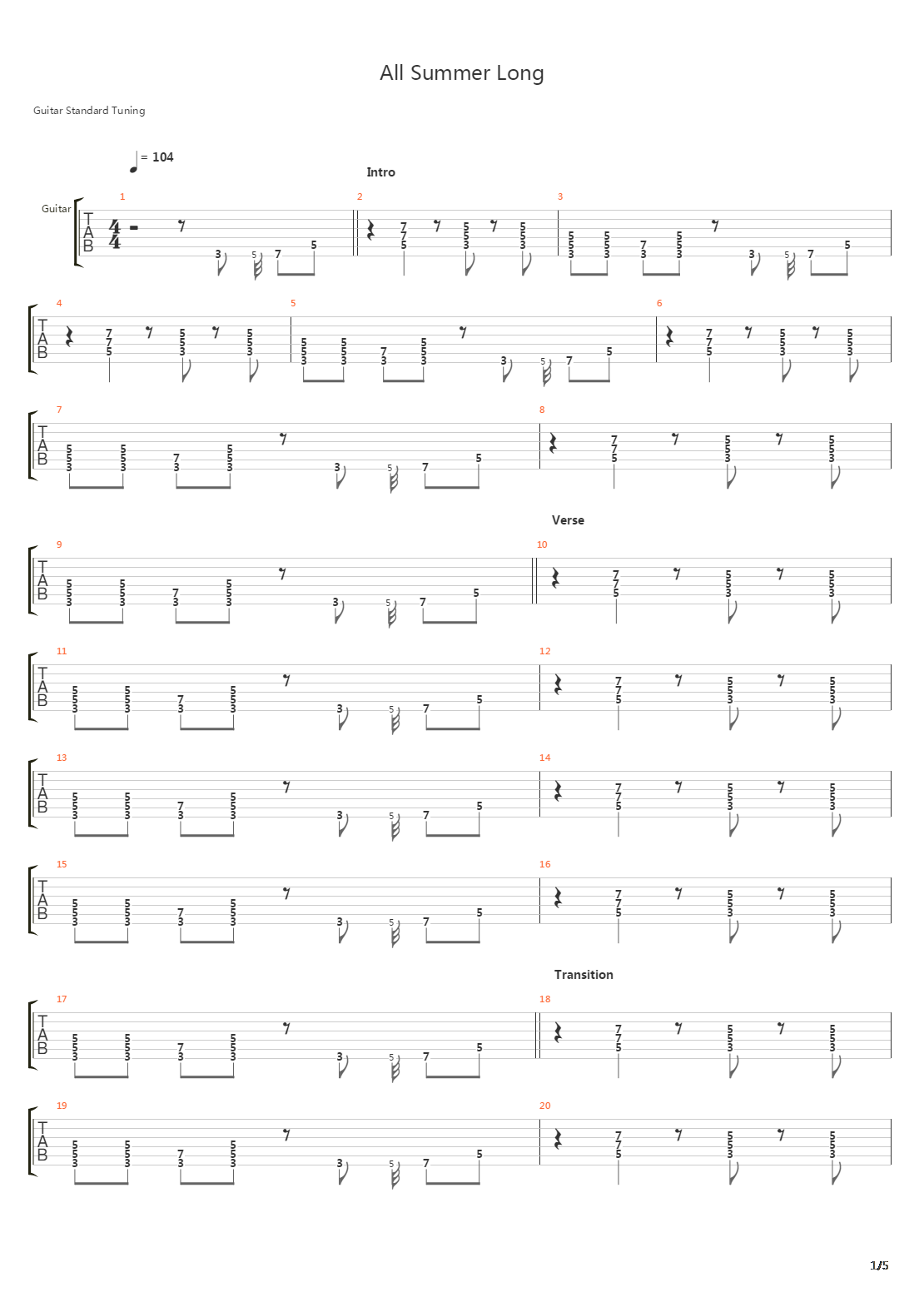 All Summer Long吉他谱