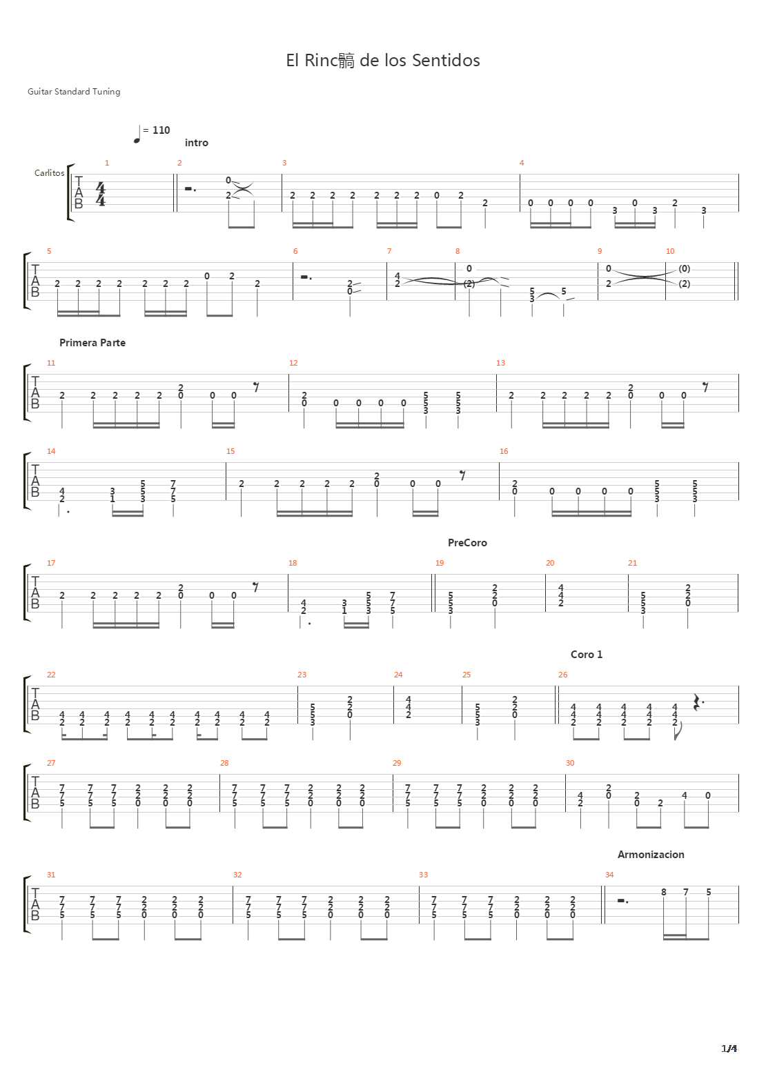 El Rincon De Los Sentidos吉他谱