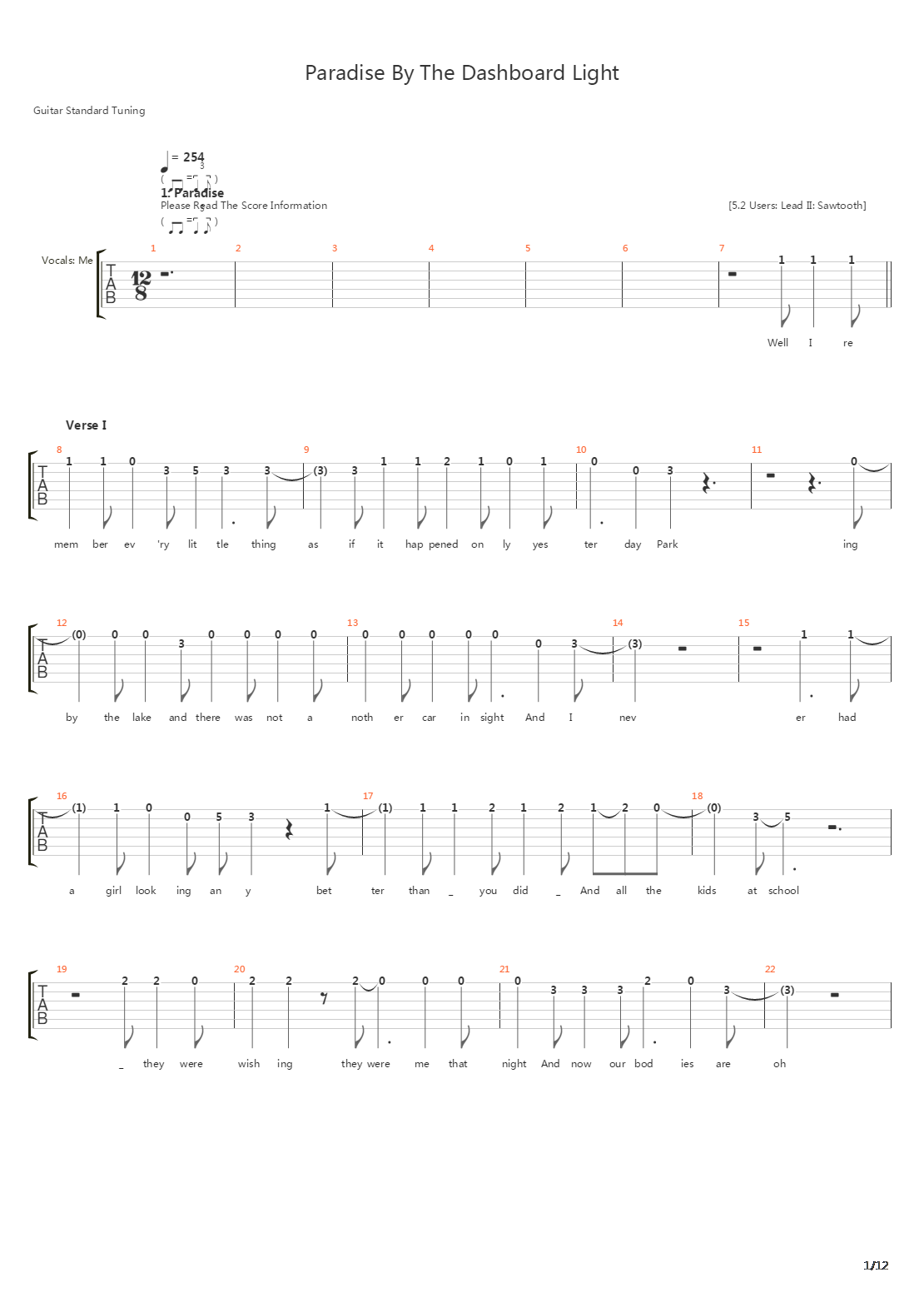 Paradise By The Dashboard Light吉他谱