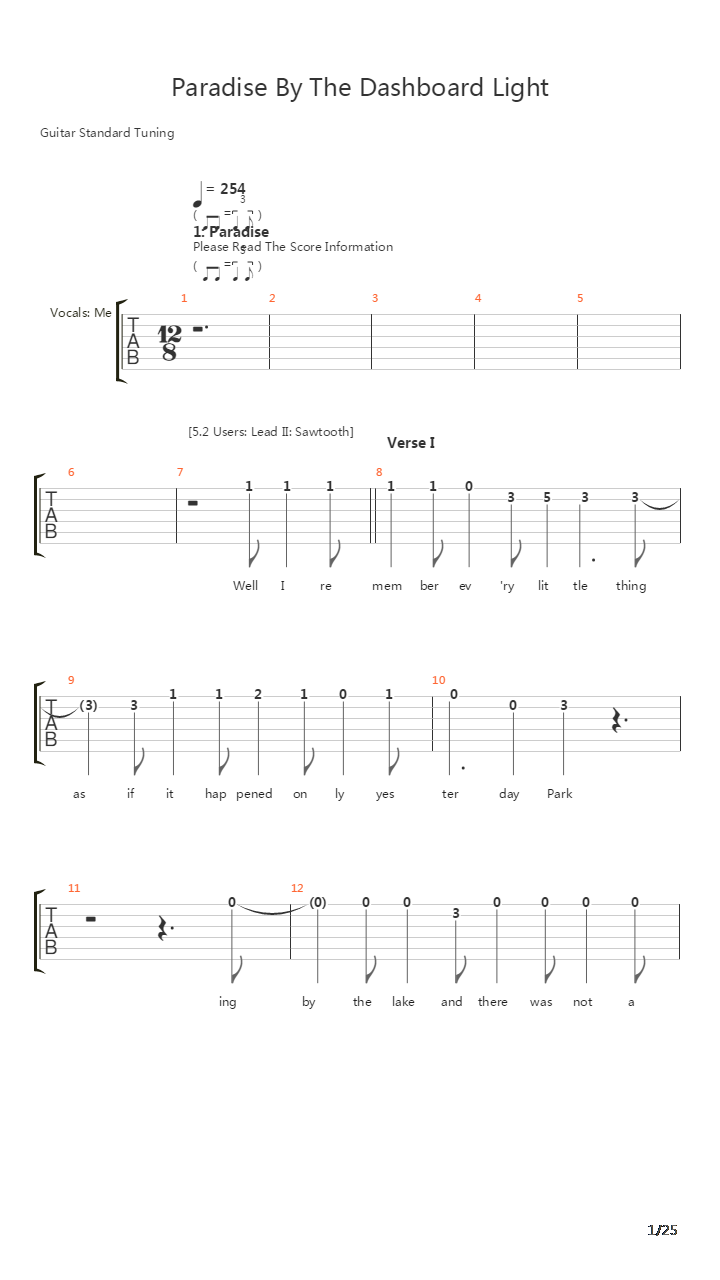 Paradise By The Dashboard Light吉他谱