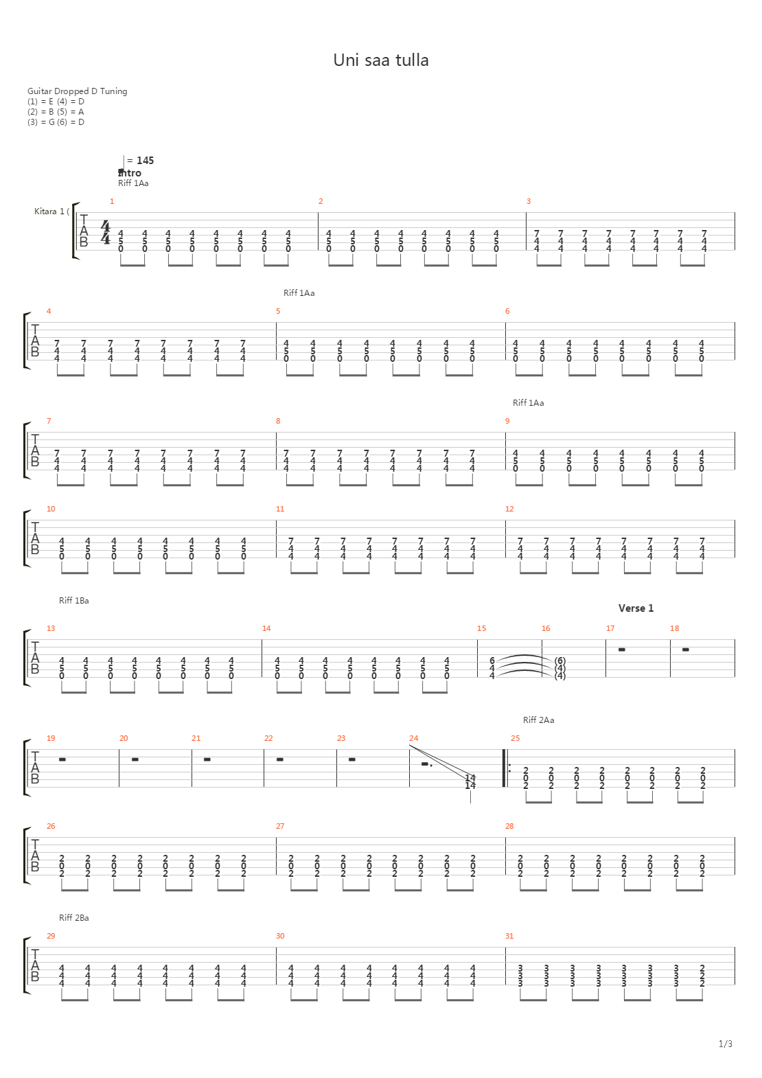 Uni Saa Tulla吉他谱