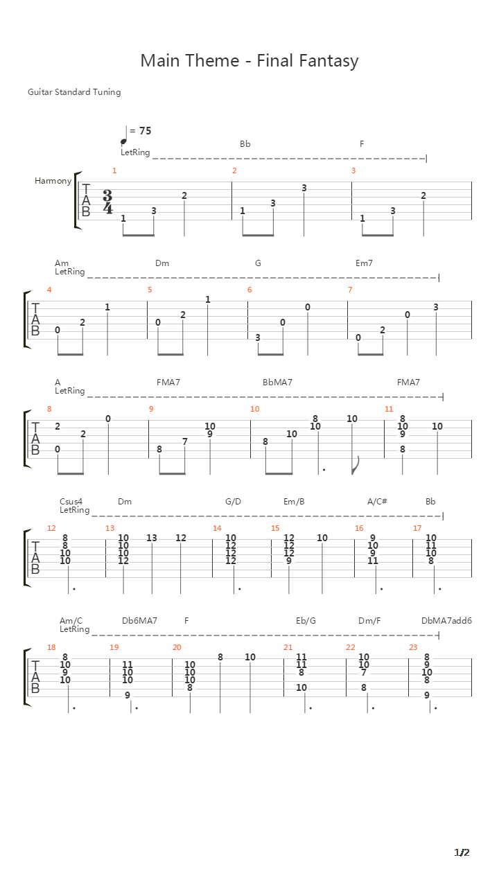 Final Fantasy(最终幻想) - Main Theme(Arranged v4)吉他谱