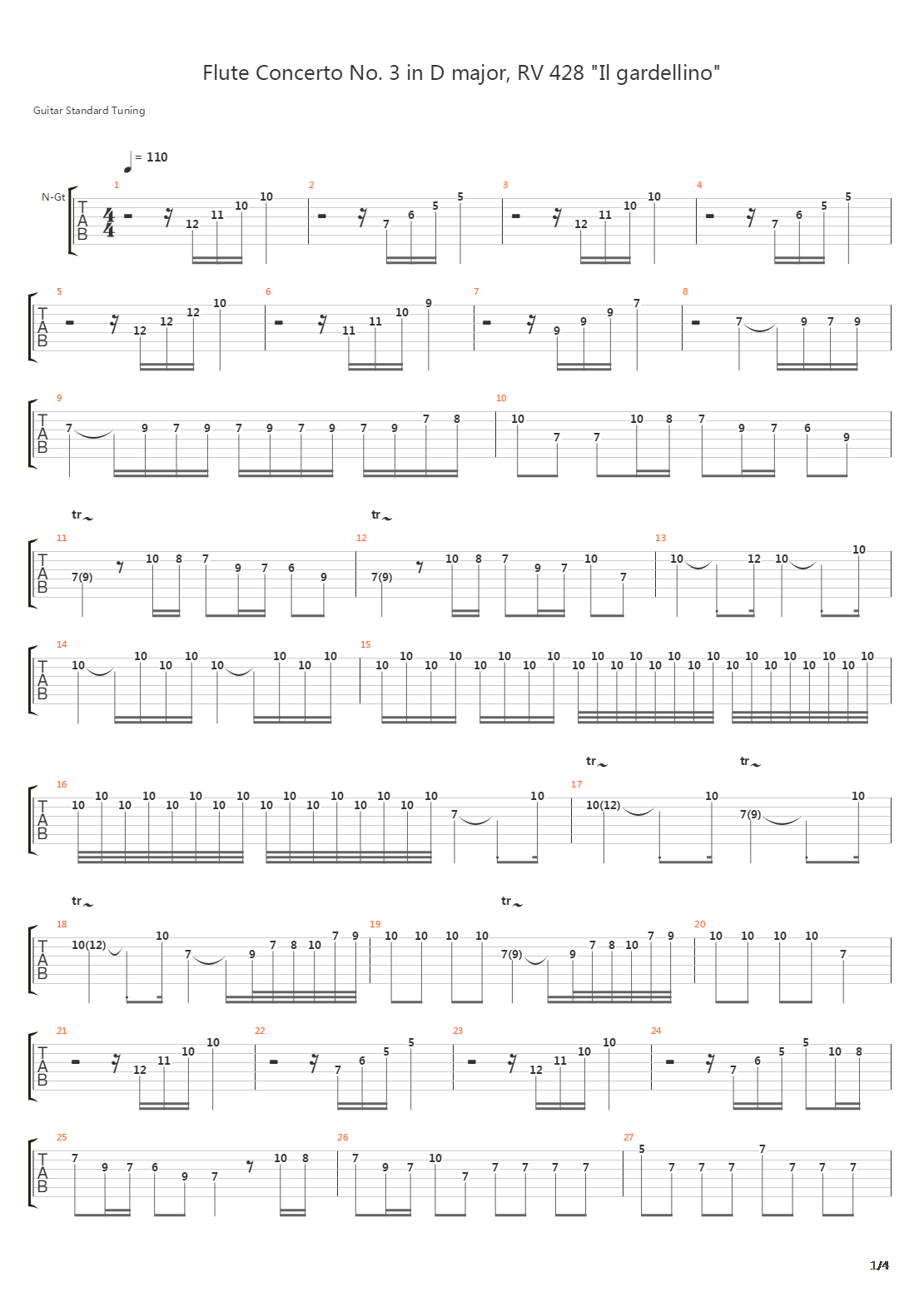 Flute Concerto No 3 In D Major Rv 428 Il Gardellino吉他谱