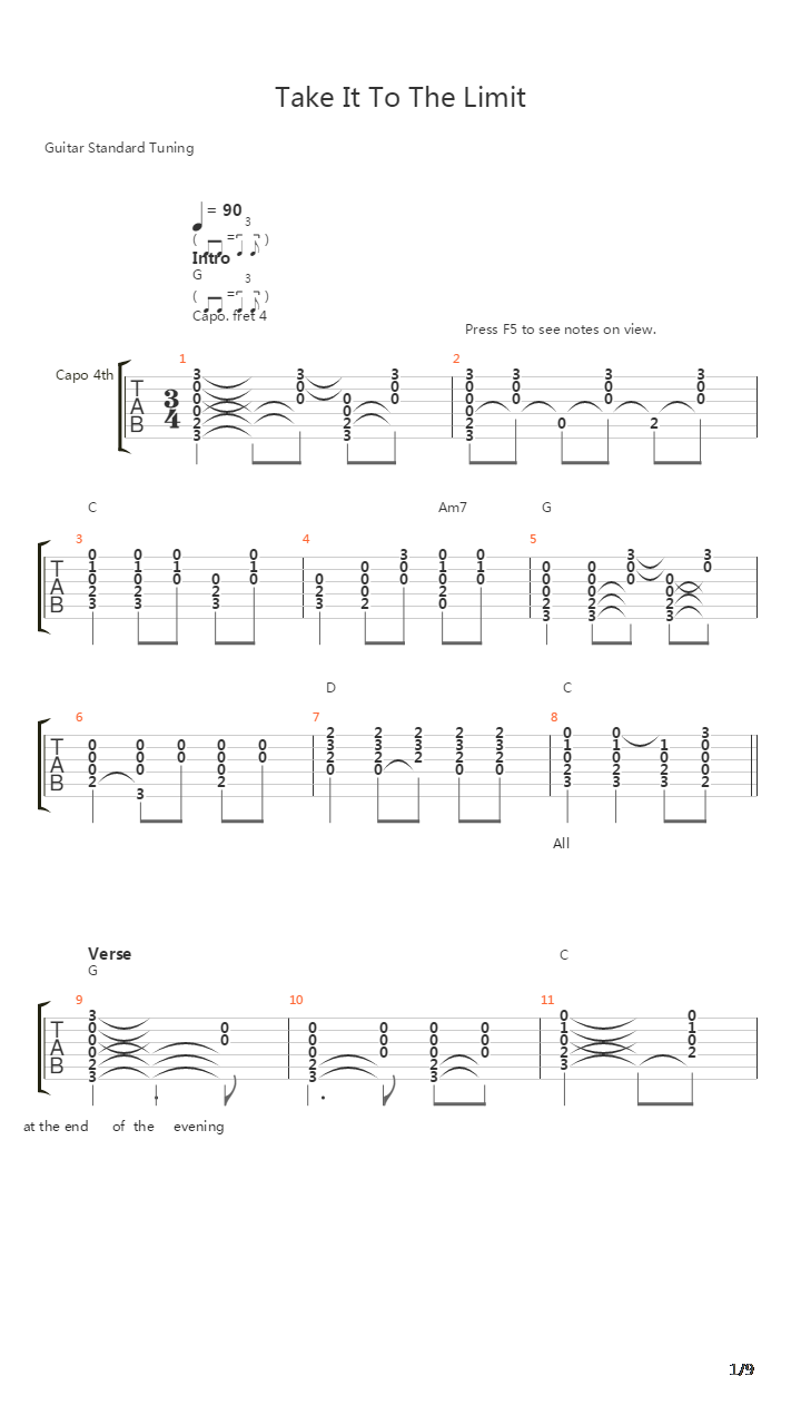 Take It To The Limit吉他谱