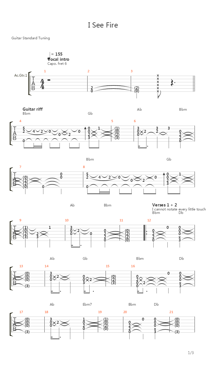 I See Fire吉他谱