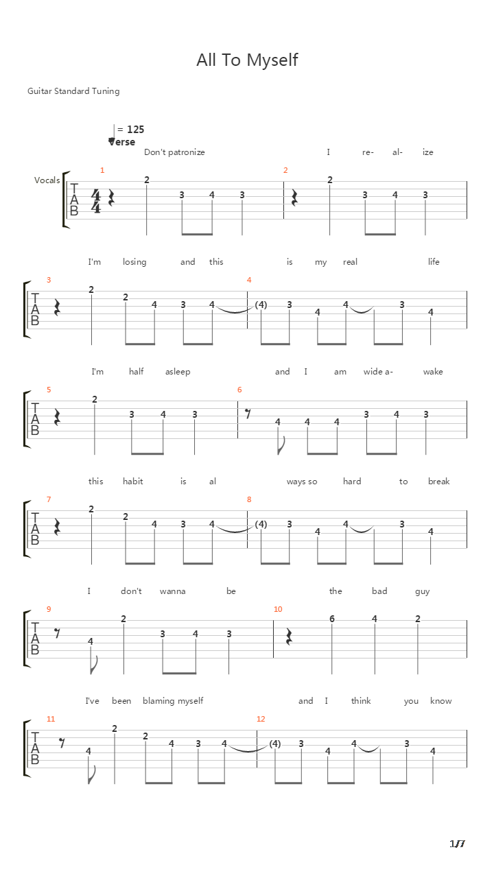 All To Myself吉他谱