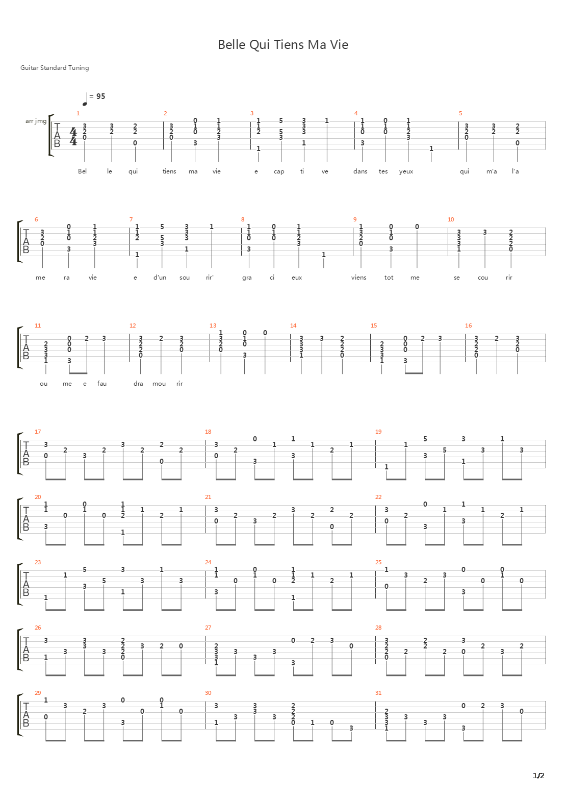 Belle Qui Tiens Ma Vie吉他谱