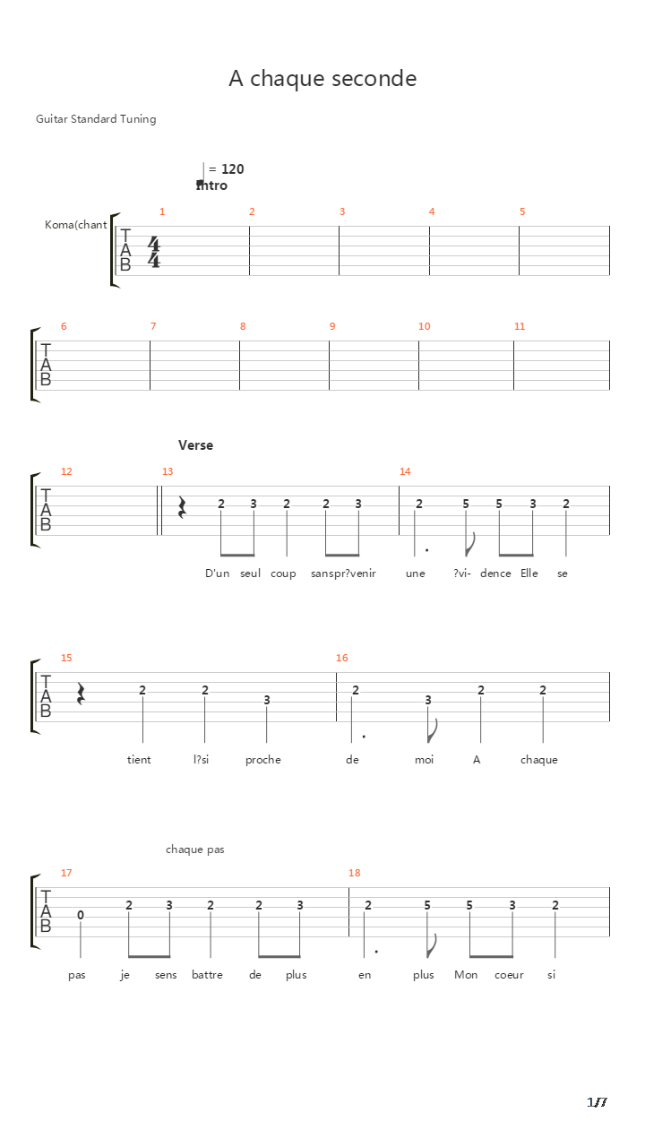 A Chaque Seconde吉他谱
