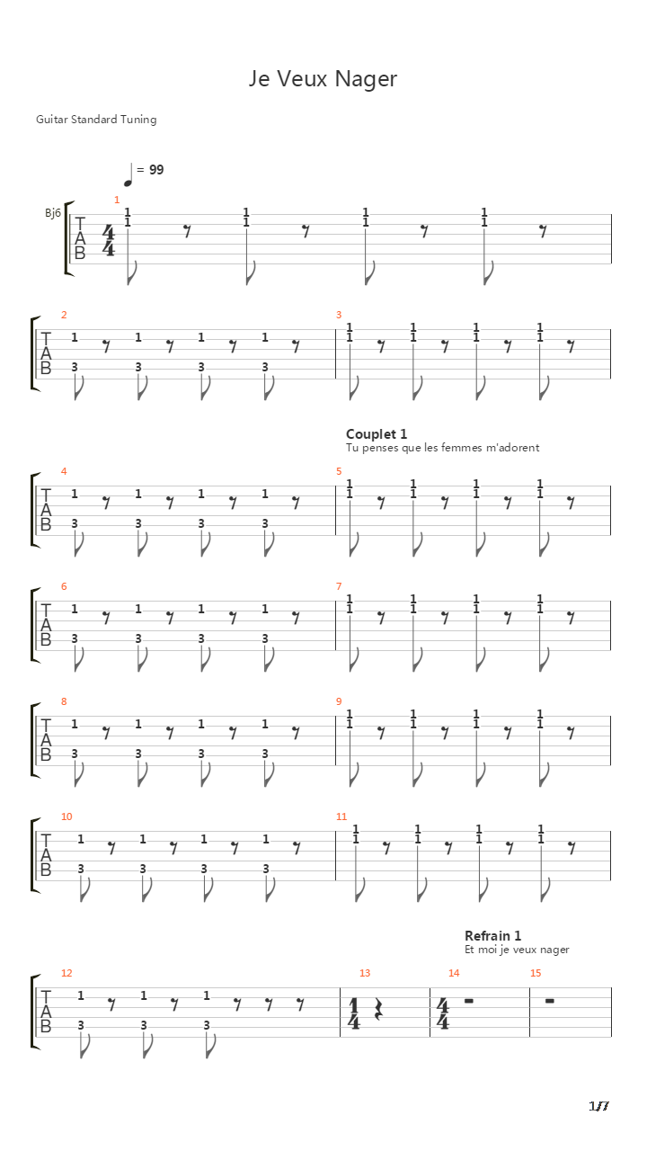Je Veux Nager吉他谱