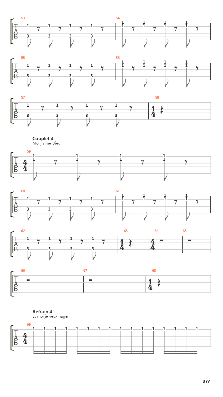 Je Veux Nager吉他谱