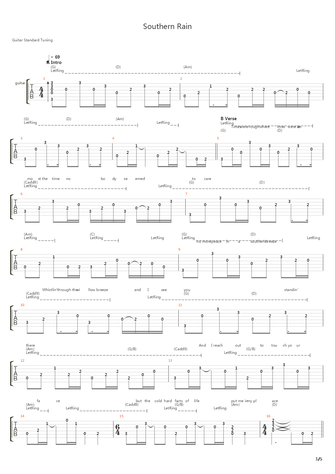 Southern Rain吉他谱