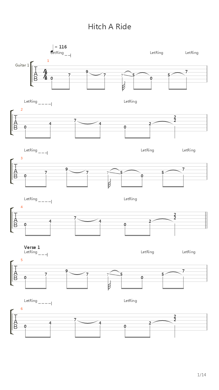 Hitch A Ride吉他谱