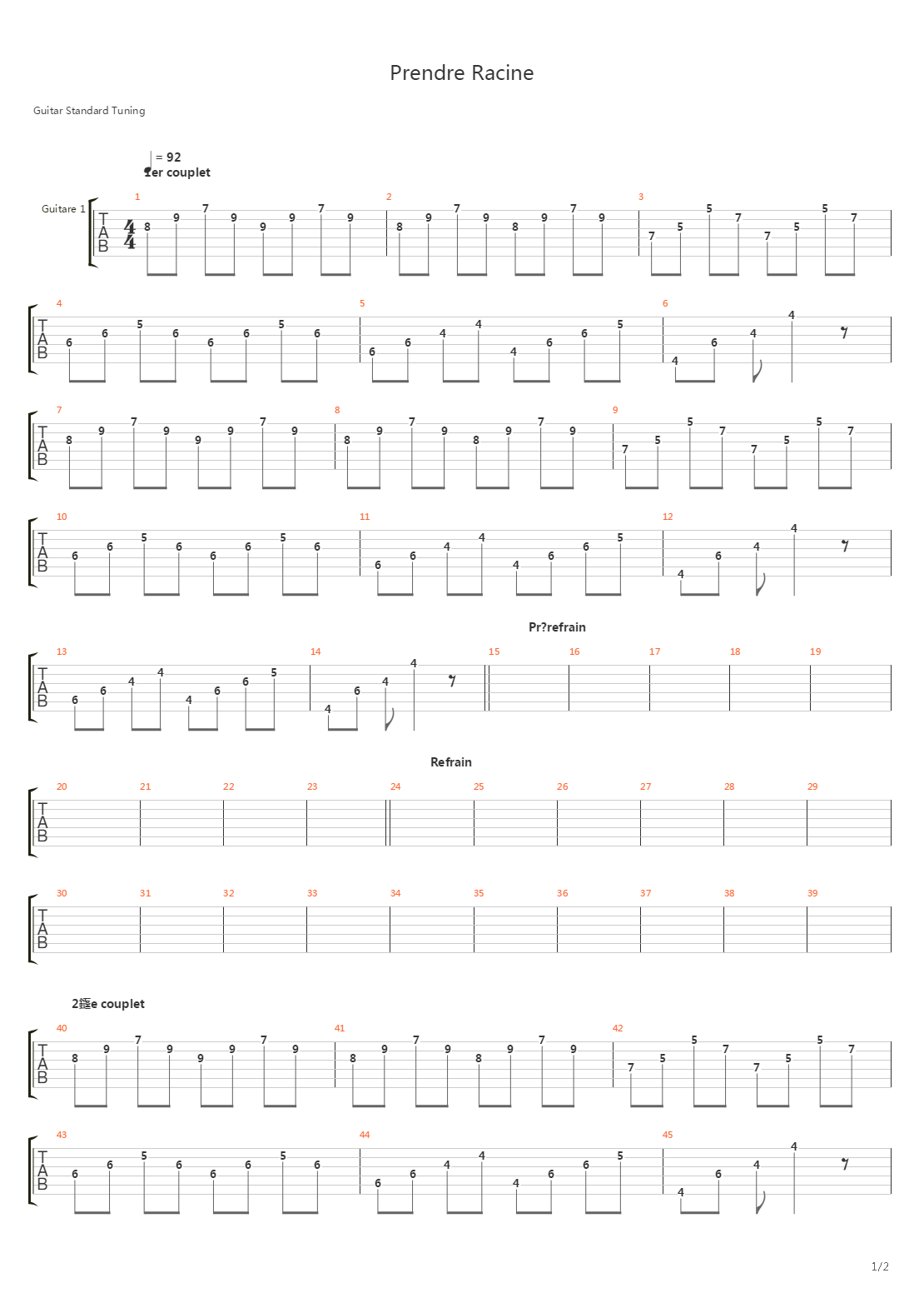 Prendre Racine吉他谱