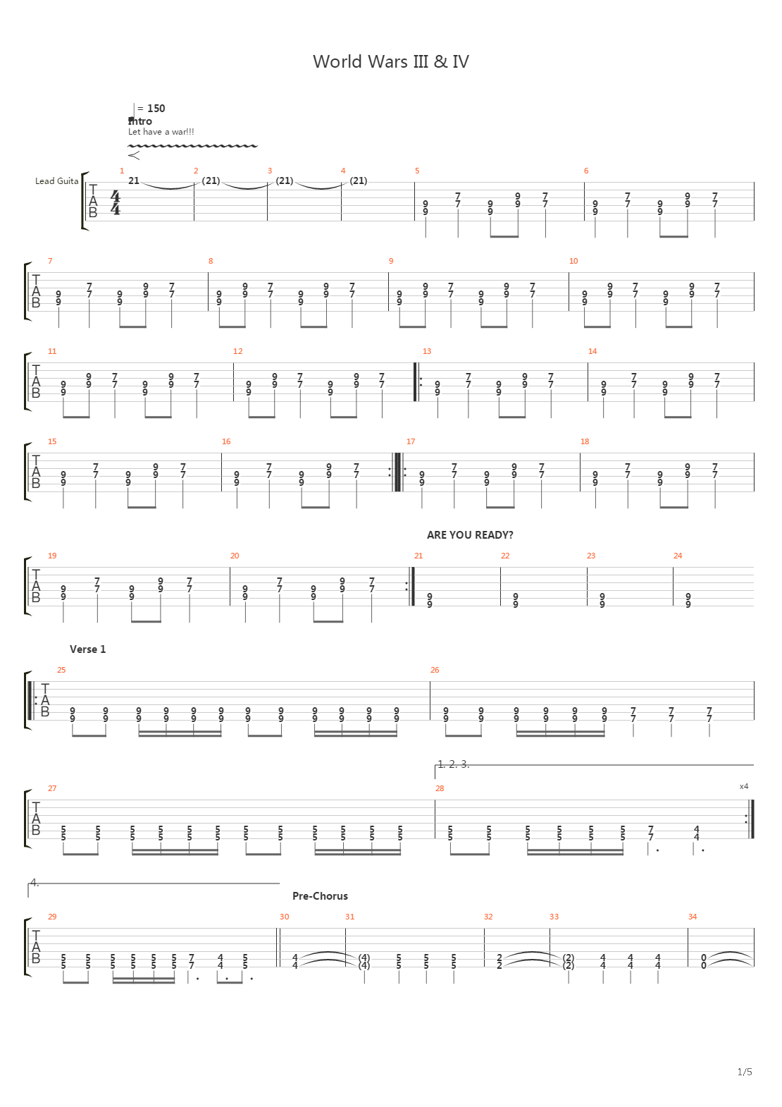 World Wars Iii And Iv吉他谱
