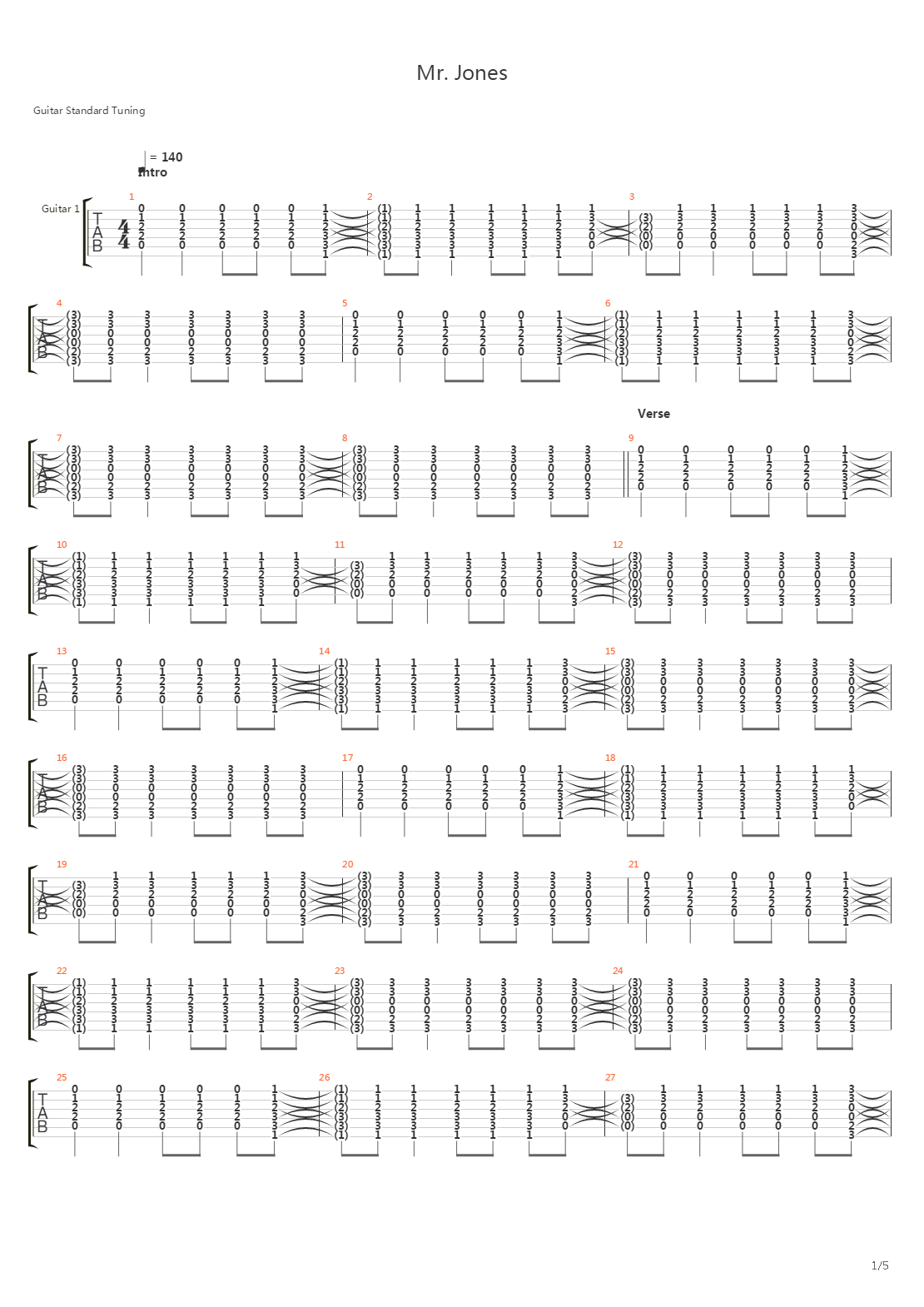 Mr Jones吉他谱