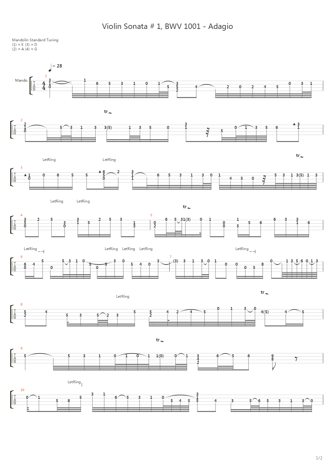 Adagio Bwv 1001 In Gminor吉他谱