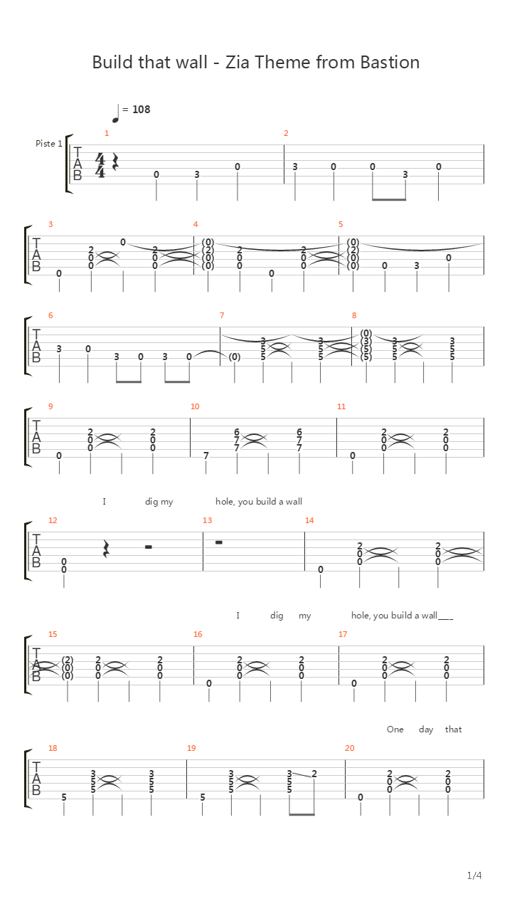Build That Wall Zias Theme吉他谱