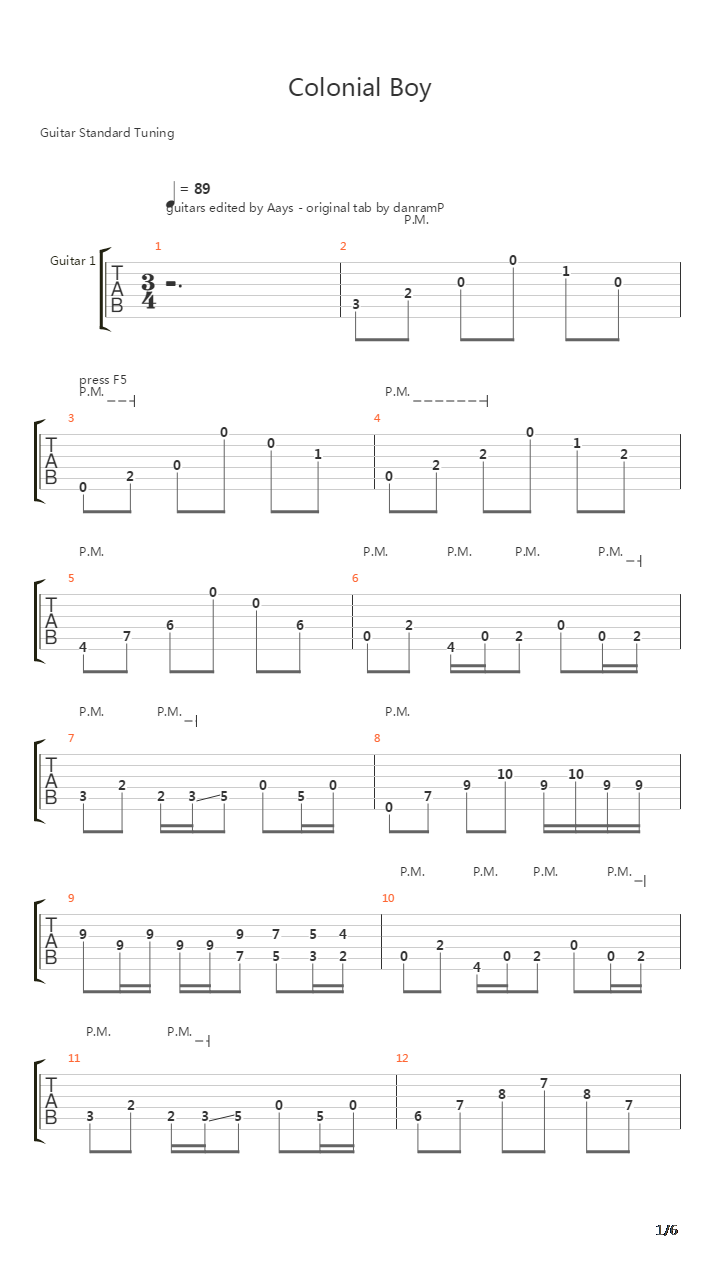 Colonial Boy吉他谱