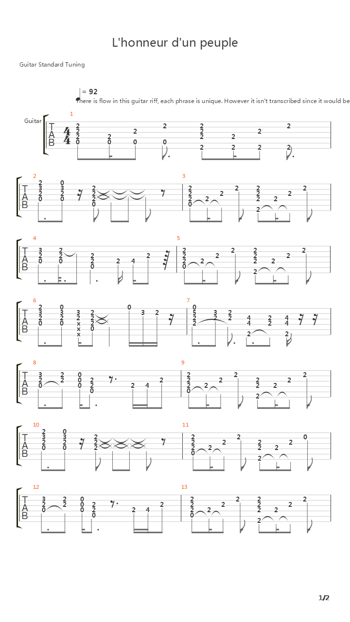 Honneur Dun Peuple吉他谱