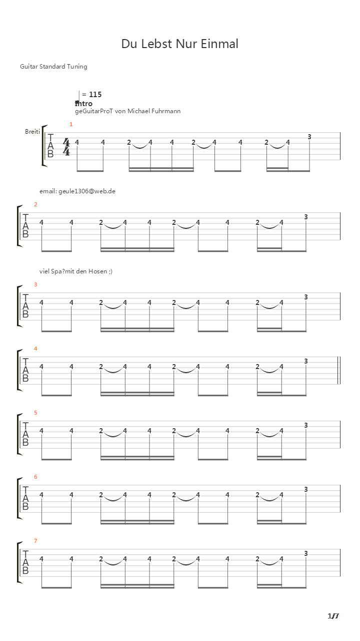 Du Lebst Nur Einmal吉他谱