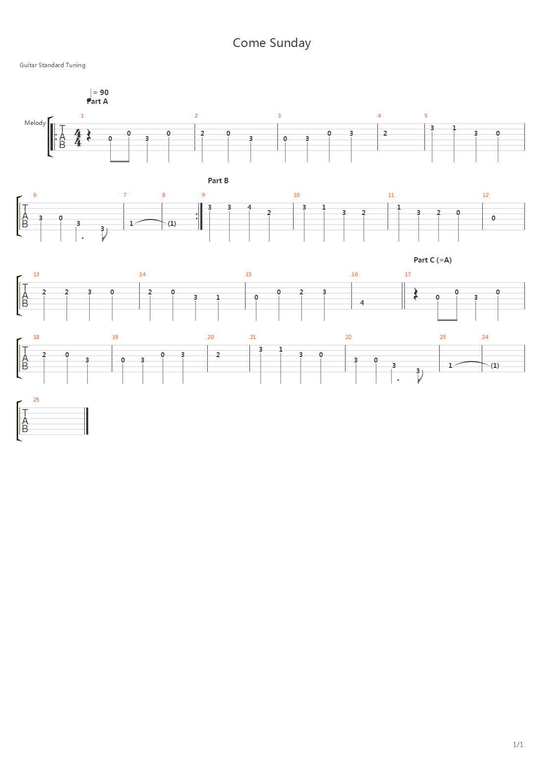 Come Sunday吉他谱