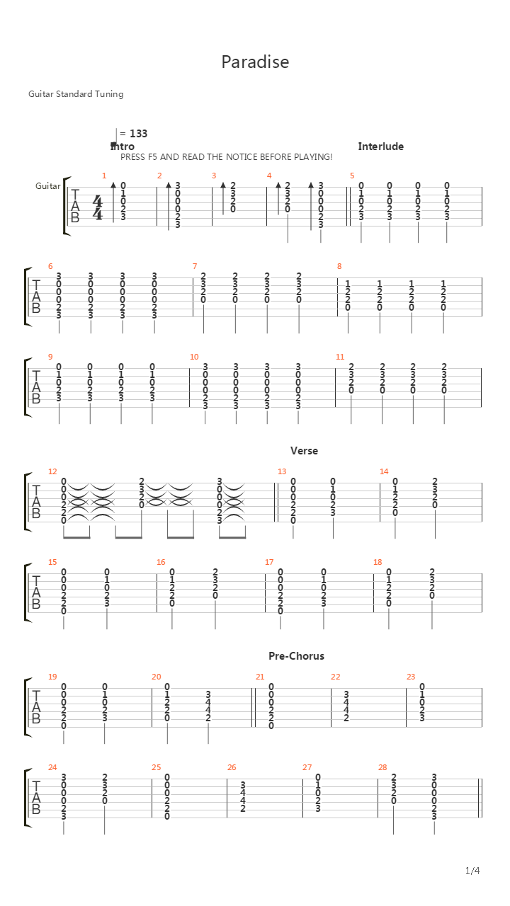Paradise吉他谱