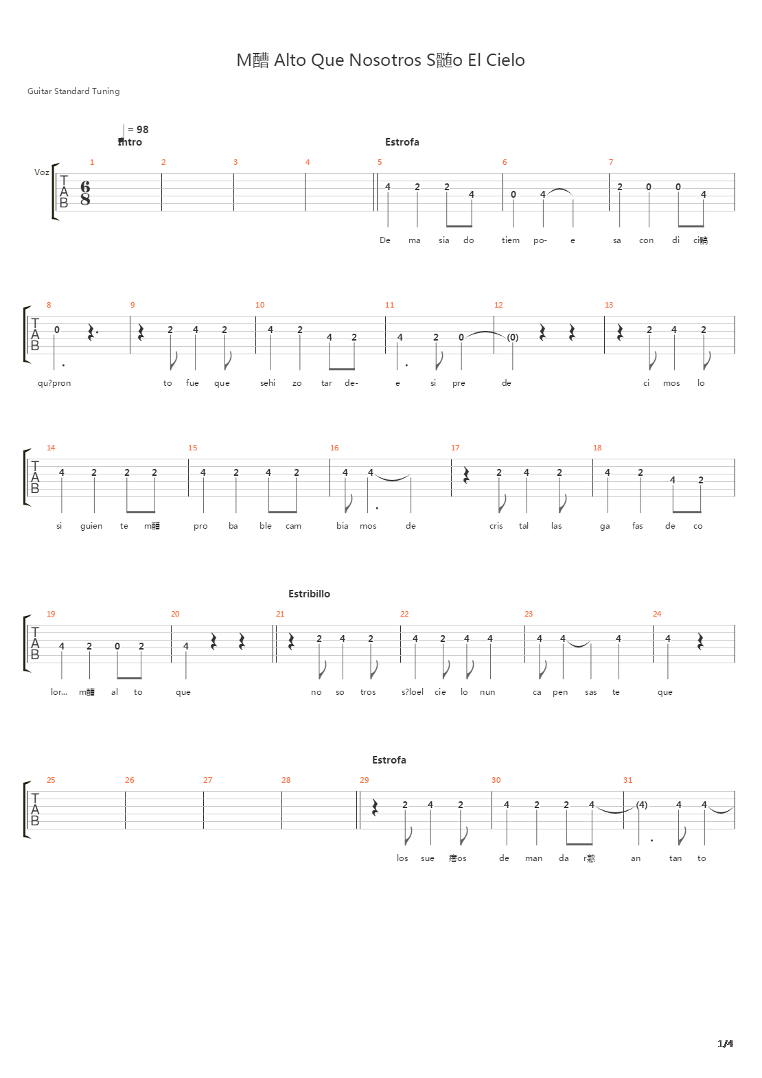 Mas Alto Que Nosotros Solo El Cielo吉他谱