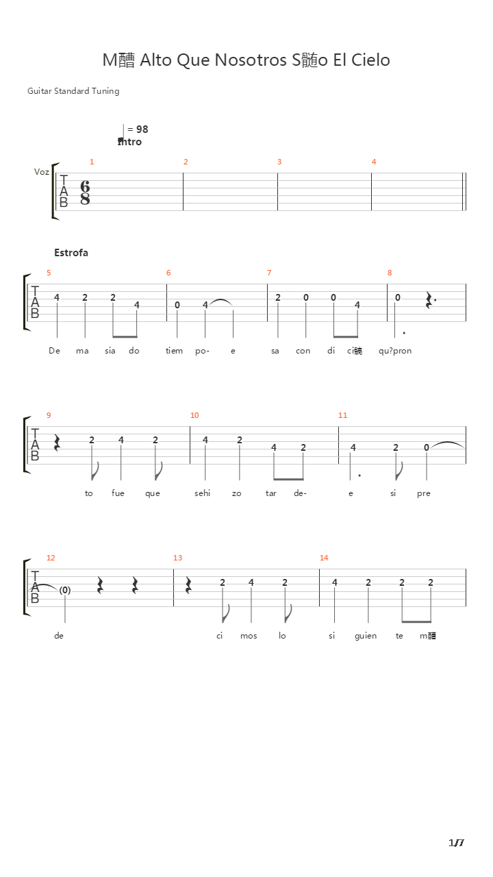 Mas Alto Que Nosotros Solo El Cielo吉他谱