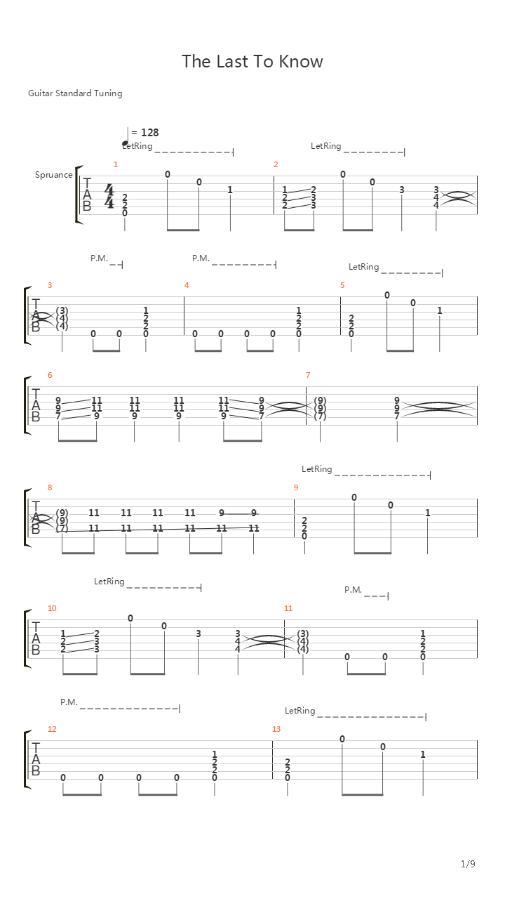 The Last To Know吉他谱