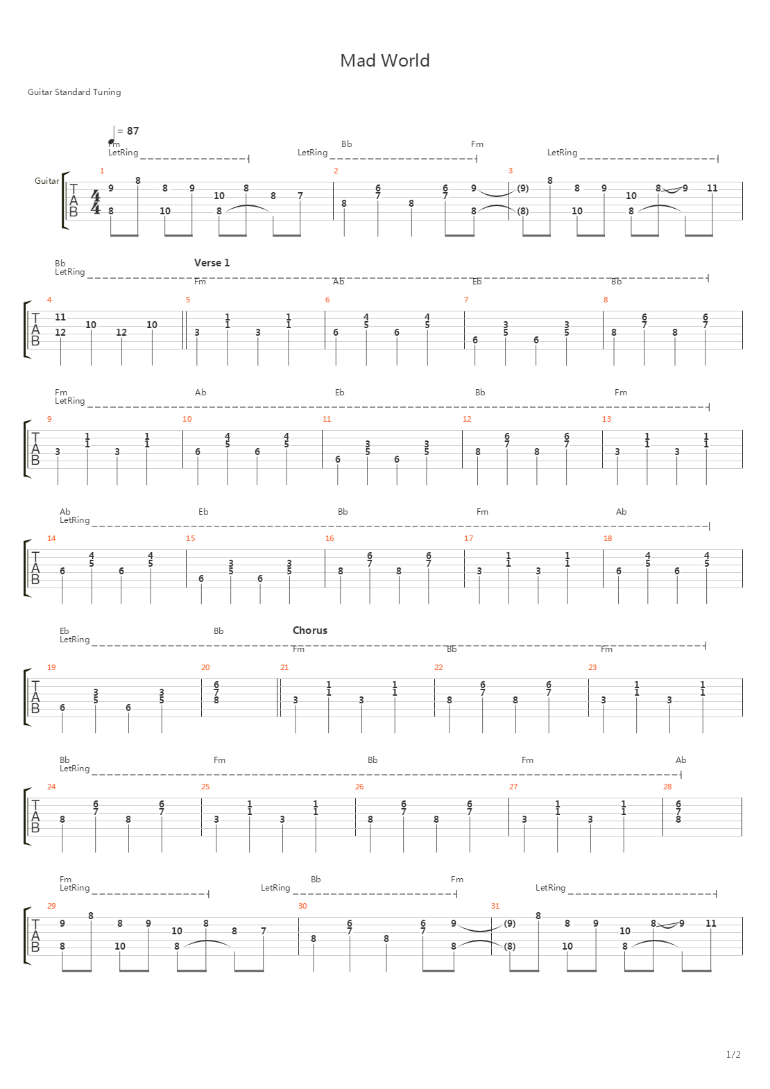 Mad World吉他谱