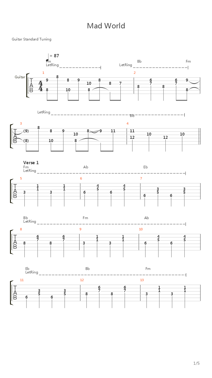 Mad World吉他谱