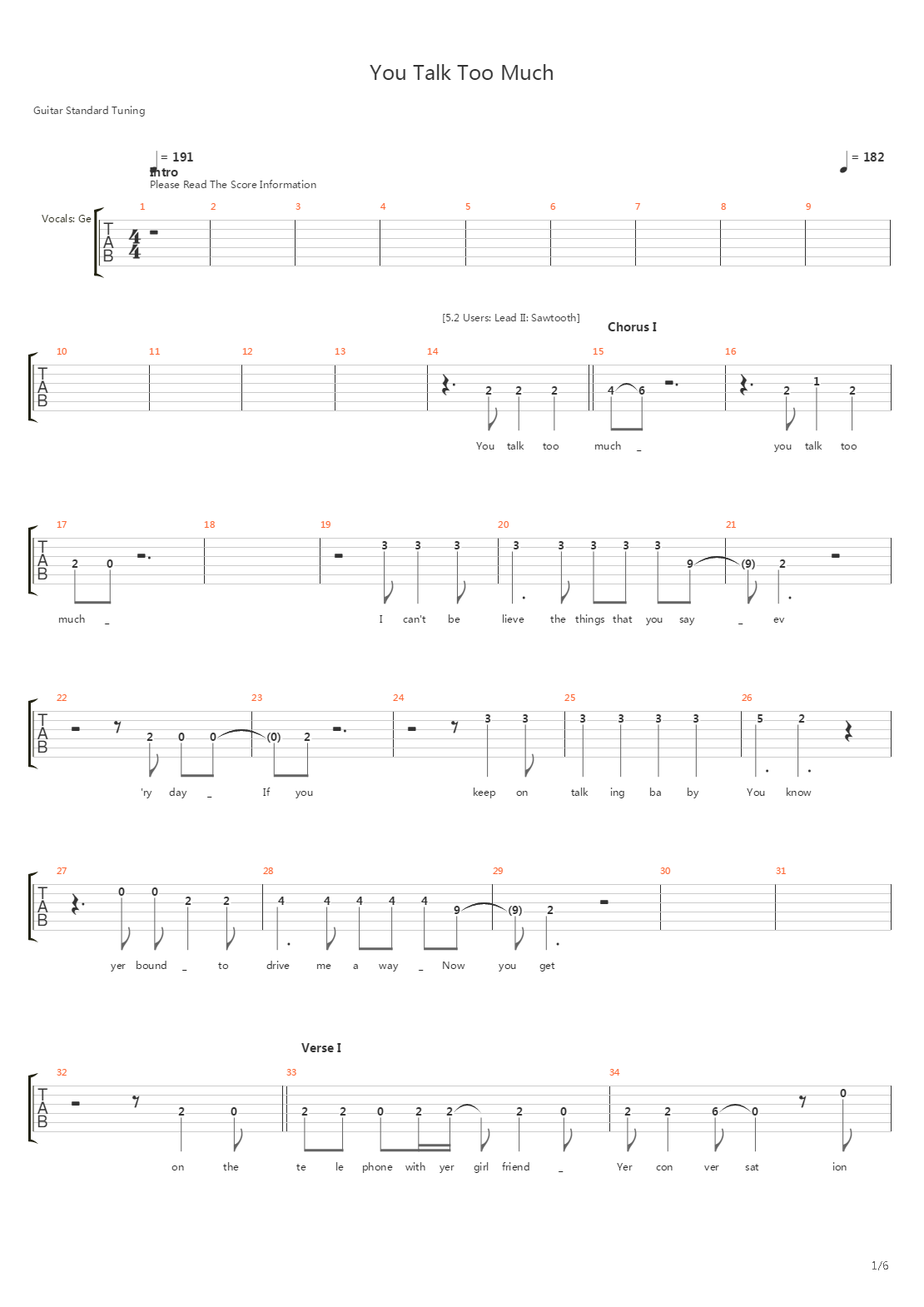 You Talk To Much吉他谱