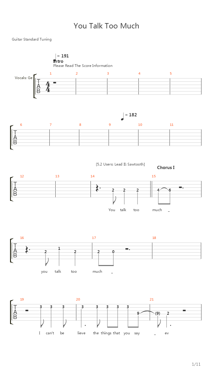 You Talk To Much吉他谱