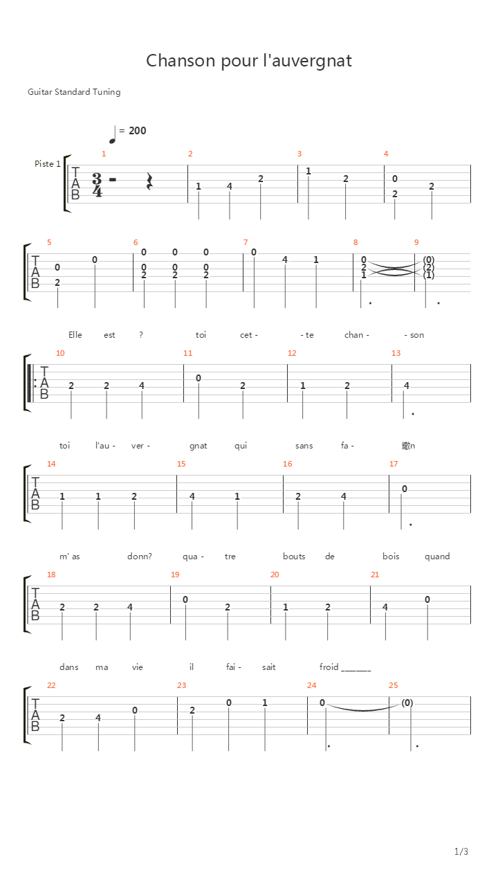 Chanson Pour Lauvergnat吉他谱