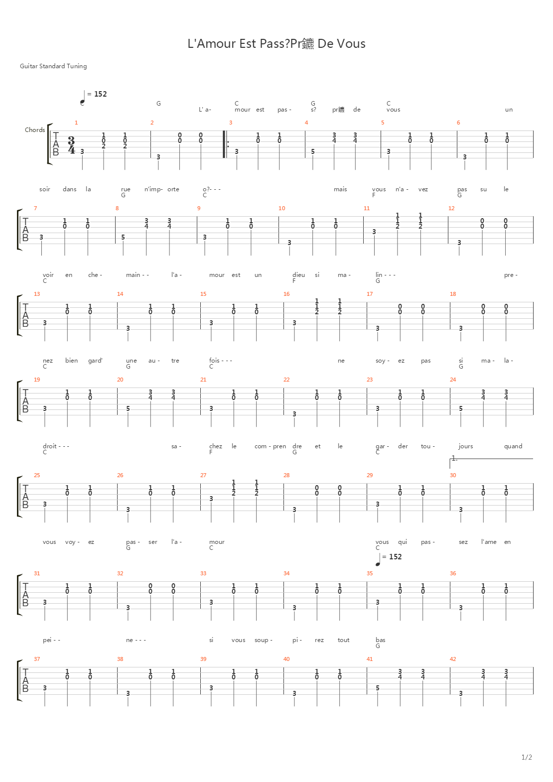 Lamour Est Pass Prs De Vous吉他谱