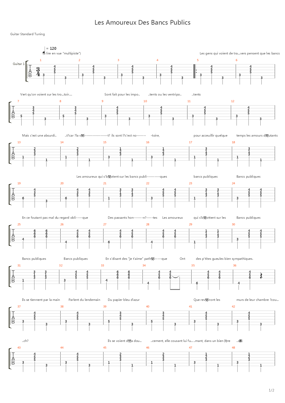 Les Amoureux Des Bancs Publics吉他谱