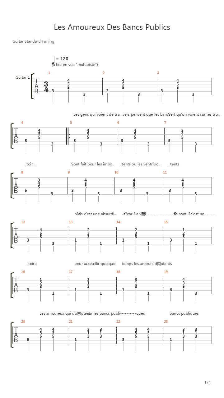 Les Amoureux Des Bancs Publics吉他谱
