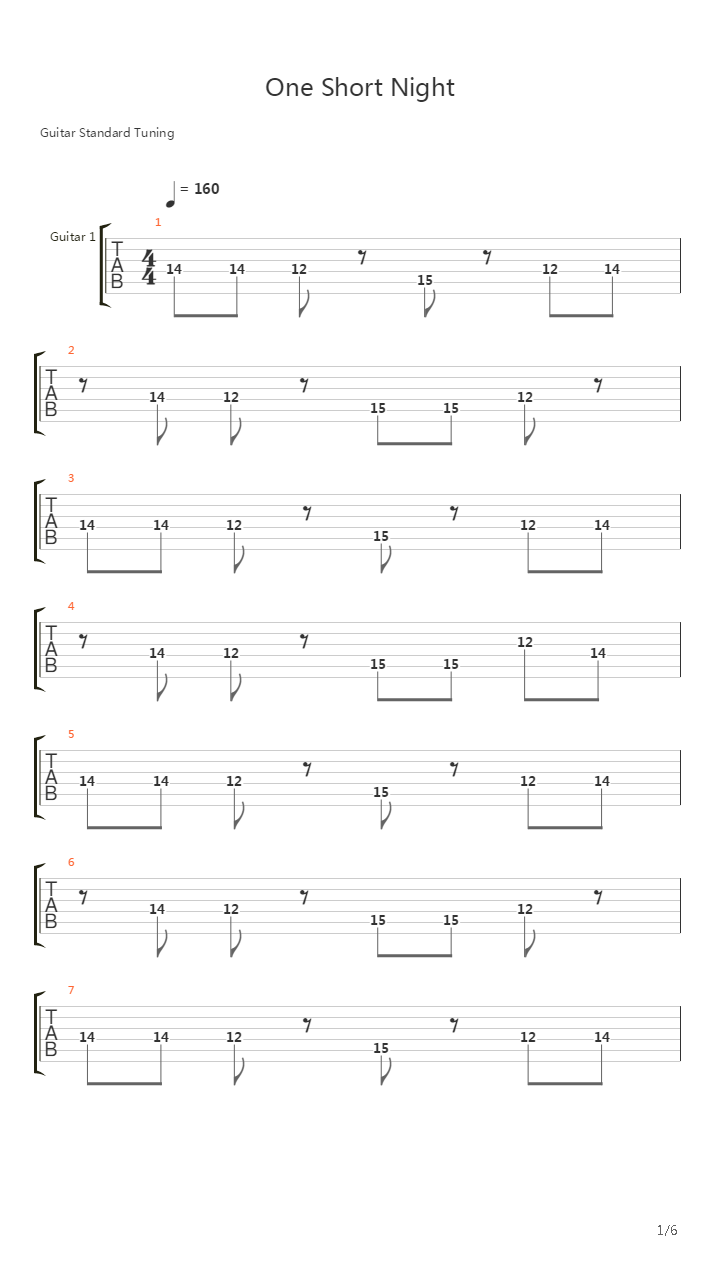 One Short Night吉他谱