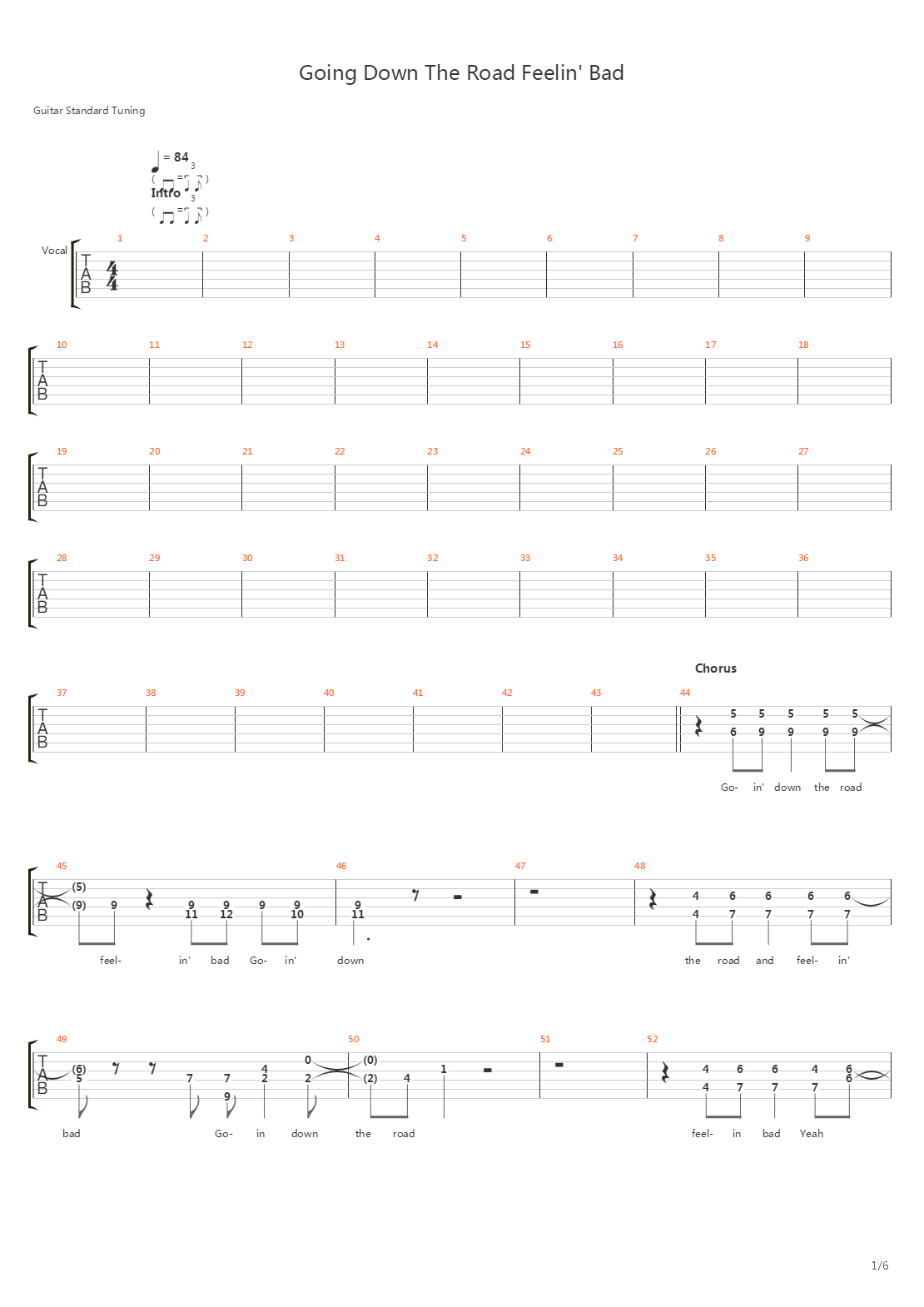 Going Down The Road Feelin Bad吉他谱