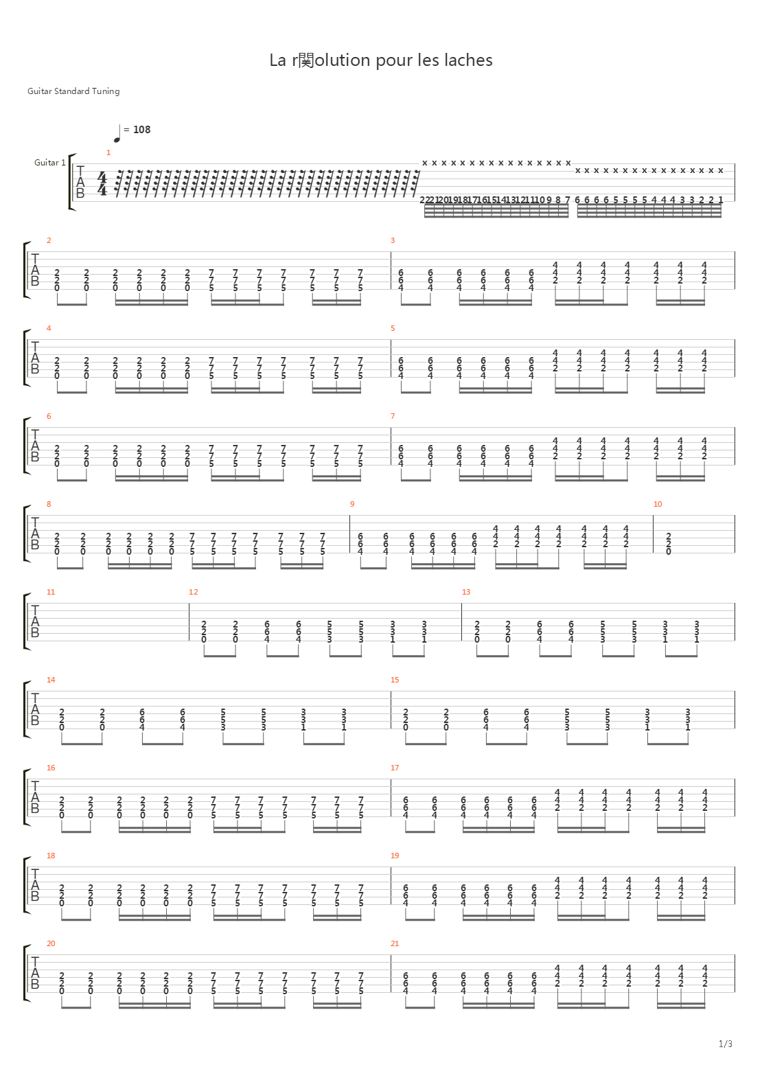 La Rvolution Pour Les Laches吉他谱