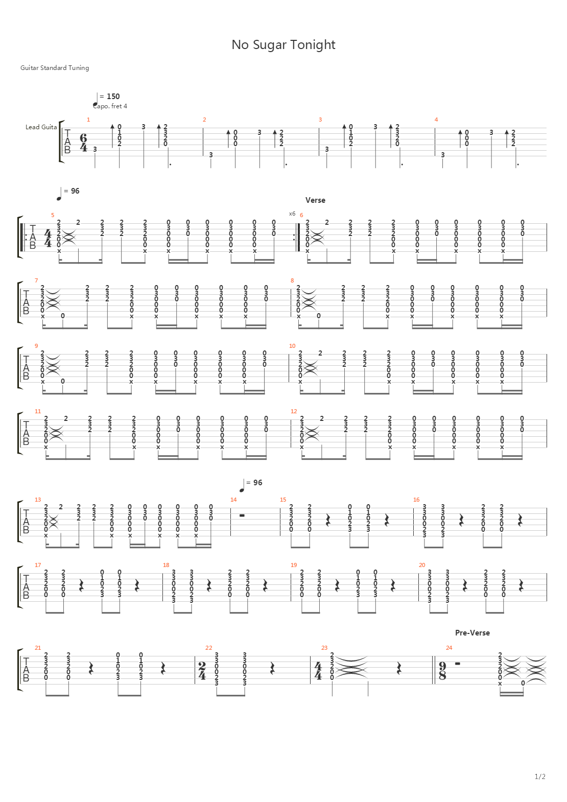 No Sugar Tonight吉他谱
