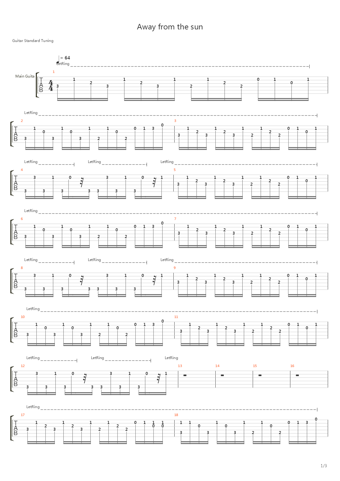 Away From The Sun吉他谱