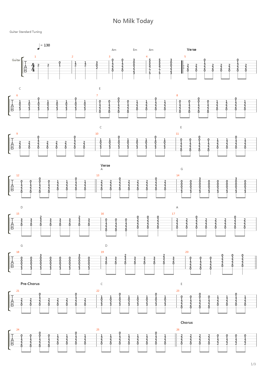 No Milk Today吉他谱