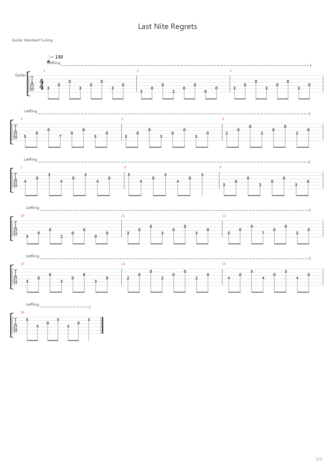 Last Nite Regrets吉他谱